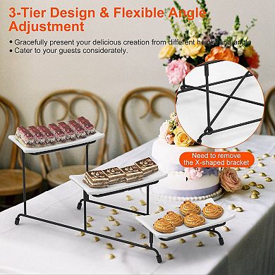 3-Tier Plastic Serving Tray with Rectangular Platters & Metal Stand for Parties