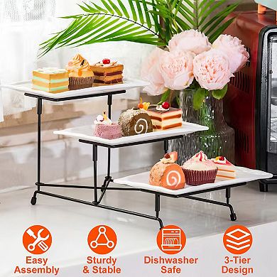 3-Tier Plastic Serving Tray with Rectangular Platters & Metal Stand for Parties