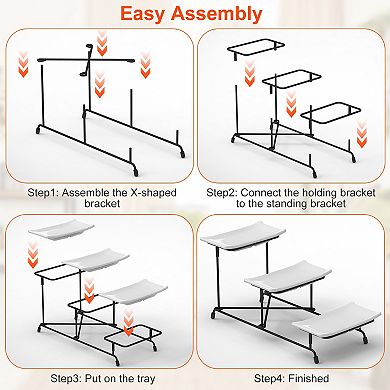3-Tier Plastic Serving Tray with Rectangular Platters & Metal Stand for Parties