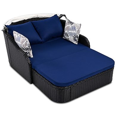 Whisen 79.9" Outdoor Sunbed with Adjustable Canopy, Double Lounge PE Rattan Daybed