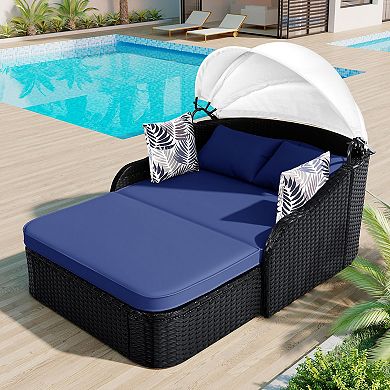 Whisen 79.9" Outdoor Sunbed with Adjustable Canopy, Double Lounge PE Rattan Daybed