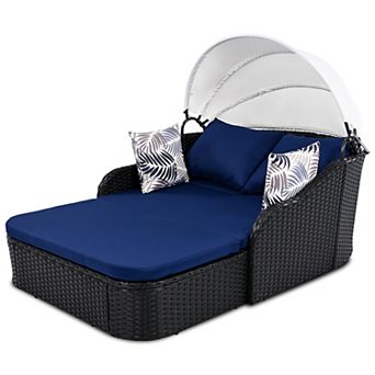 Whisen 79.9" Outdoor Sunbed with Adjustable Canopy, Double Lounge PE Rattan Daybed