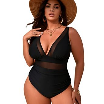 Women Plus Size V Neck Mesh Sheer Tummy Control Swimsuit Push Up Elastic High Waisted Swimwear