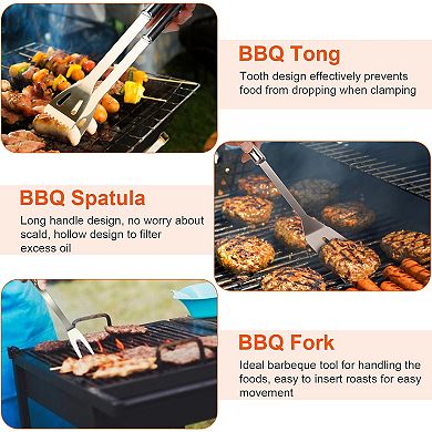Stainless Steel BBQ Grill Tool Kit Spatula, Tongs, Fork & Knife Grilling Utensils