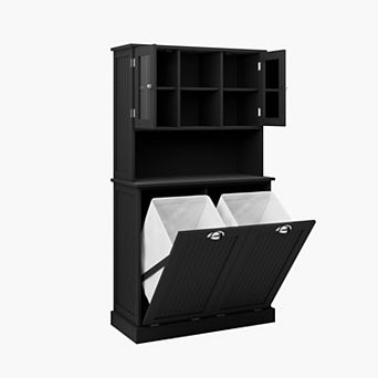 Two-Compartment Tilt-Out Laundry Basket Cabinet with 2 Adjustable Shelves, Tall Bathroom Storage