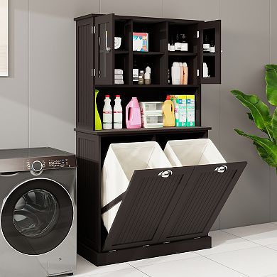 Two-Compartment Tilt-Out Laundry Basket Cabinet with 2 Adjustable Shelves, Tall Bathroom Storage