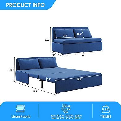 64" W Queen Sleeper Sofa Bed 2-in-1 Convertible Linen Pull Out Couch with Cushions & Pillows