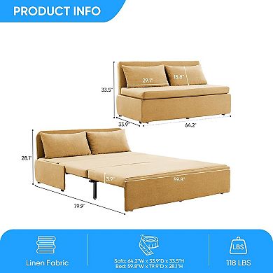 64" W Queen Sleeper Sofa Bed 2-in-1 Convertible Linen Pull Out Couch with Cushions & Pillows