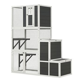IFMALL Three-Tier Wooden Cat House Enclosure with Platforms and Jump Box