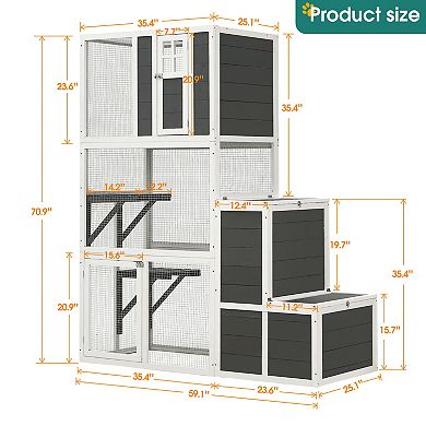 IFMALL Three-Tier Wooden Cat House Enclosure with Platforms and Jump Box