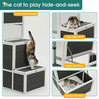 IFMALL Three-Tier Wooden Cat House Enclosure with Platforms and Jump Box
