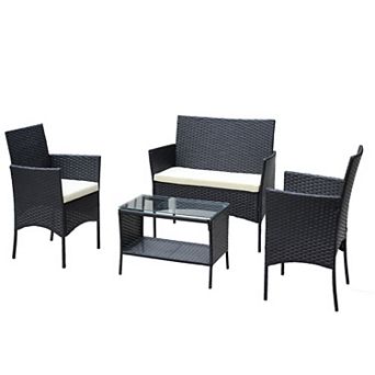 WOW PIONEER 4 pc Outdoor Rattan Patio Furniture Set with Cushions and Glass Table