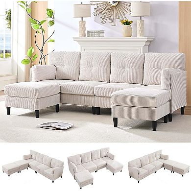 U-Shaped Modular Sectional Sofa with Ottoman, 6-Seat Corduroy Convertible Couch Double Chaises