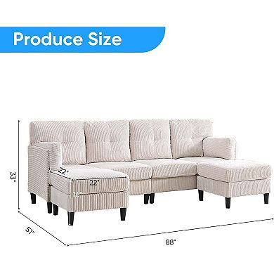 U-Shaped Modular Sectional Sofa with Ottoman, 6-Seat Corduroy Convertible Couch Double Chaises