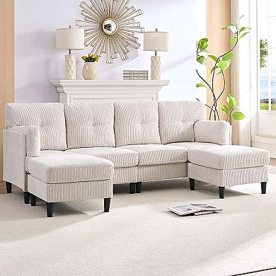 U-Shaped Modular Sectional Sofa with Ottoman, 6-Seat Corduroy Convertible Couch Double Chaises