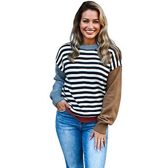Striped Panels Colorblock Sleeve Chic Sweater
