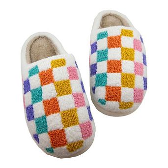 White Vibrant Checkered Plush Thermal Slippers Slip On