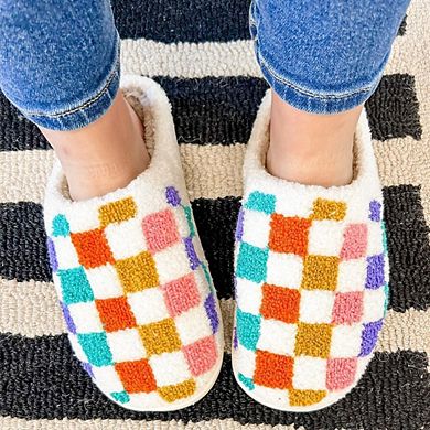 White Vibrant Checkered Plush Thermal Slippers Slip On