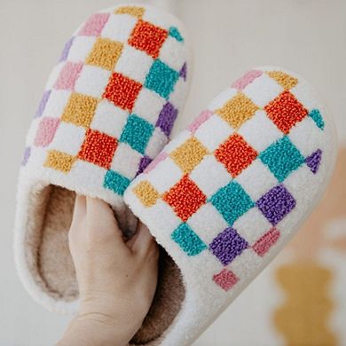 White Vibrant Checkered Plush Thermal Slippers Slip On
