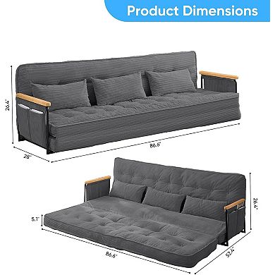 87" Adjustable 3-Seater Sleeper Floor Couch Bed with 3 Pillows, Side Pocket & Armrest