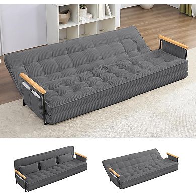 87" Adjustable 3-Seater Sleeper Floor Couch Bed with 3 Pillows, Side Pocket & Armrest