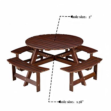 WOW PIONEER Outdoor Round Picnic Table with Built-in Benches and Umbrella Hole