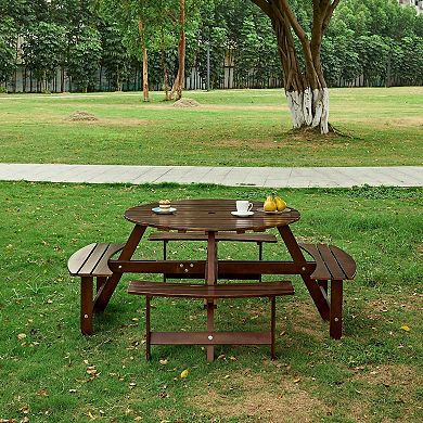 WOW PIONEER Outdoor Round Picnic Table with Built-in Benches and Umbrella Hole