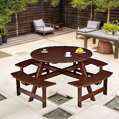 WOW PIONEER Outdoor Round Picnic Table with Built-in Benches and Umbrella Hole