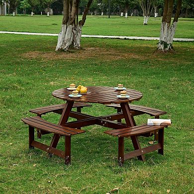 WOW PIONEER Outdoor Round Picnic Table with Built-in Benches and Umbrella Hole