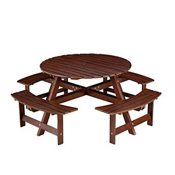 WOW PIONEER Outdoor Round Picnic Table with Built-in Benches and Umbrella Hole