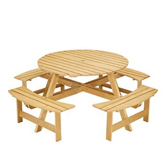 WOW PIONEER Outdoor Round Picnic Table with Built-in Benches and Umbrella Hole