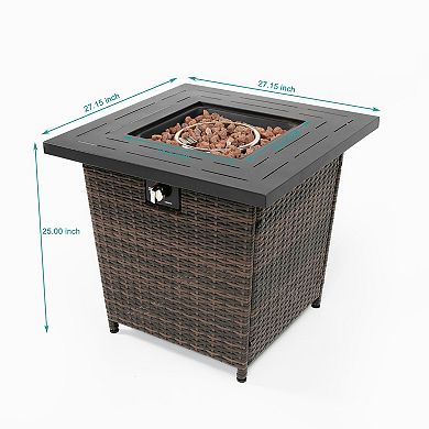 WOW PIONEER Square Propane Fire Pit Table with Wicker Base for Outdoor Use