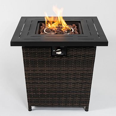 WOW PIONEER Square Propane Fire Pit Table with Wicker Base for Outdoor Use