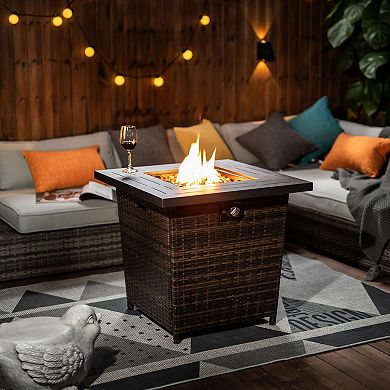 WOW PIONEER Square Propane Fire Pit Table with Wicker Base for Outdoor Use