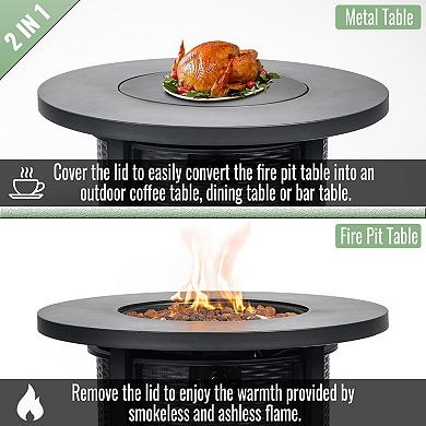 WOW PIONEER 30 Inch Round Propane Fire Pit Table with Steel Frame and Lava Rocks