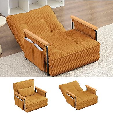 30" Adjustable Loveseat Sleeper Floor Couch Bed with 2 Pillows, Side Pocket & Wooden Armrest