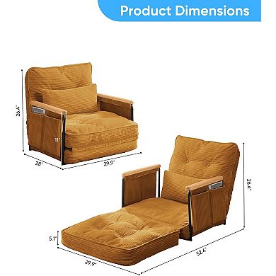 30" Adjustable Loveseat Sleeper Floor Couch Bed with 2 Pillows, Side Pocket & Wooden Armrest
