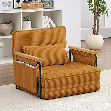 30" Adjustable Loveseat Sleeper Floor Couch Bed with 2 Pillows, Side Pocket & Wooden Armrest