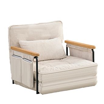 30" Adjustable Loveseat Sleeper Floor Couch Bed with 2 Pillows, Side Pocket & Wooden Armrest