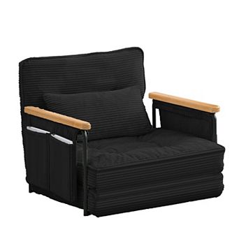 30" Adjustable Loveseat Sleeper Floor Couch Bed with 2 Pillows, Side Pocket & Wooden Armrest