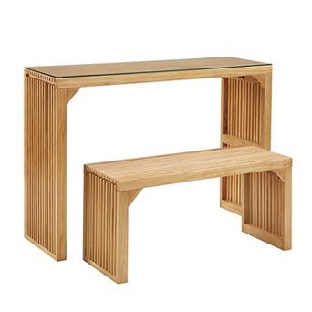 WOW PIONEER Solid Pine Dining Table and Bench Set with Tempered Glass Top