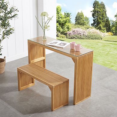 WOW PIONEER Solid Pine Dining Table and Bench Set with Tempered Glass Top