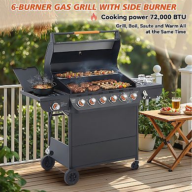 WOW PIONEER Six Main Burner Propane Gas Grill with Side Burner and Stainless Steel Construction