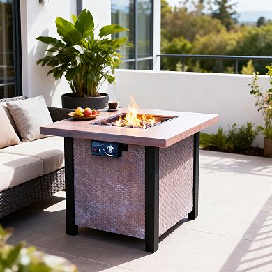 WOW PIONEER Outdoor Propane Gas Fire Pit Table with Realistic Weave Design and Cover
