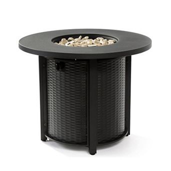 WOW PIONEER Round Outdoor Propane Fire Pit Table with Decorative Steel Design