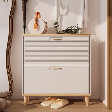 Canopyapp White & Natural 32-in. Ultra-Slim 2-Drawer Flip-Down Shoe Storage Cabinet