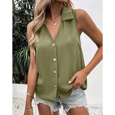 Womens Sleeveless Tank Tops Button Down Vest Blouses V Neck Summer Casual Shirts