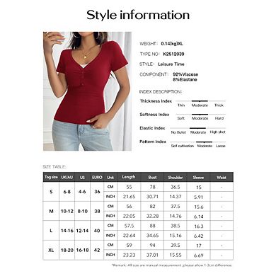 Women Button V Neck Y2K StyleT-Shirt Solid Color Short Sleeve Fit Lace Slim Fit Basic Tops