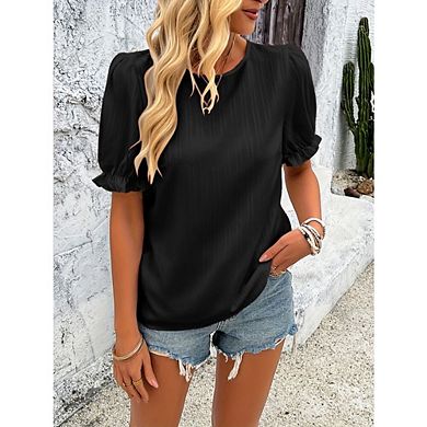 Women's Puff Short Sleeve Tops Causal Work Crew Neck T Shirts Summer Blouses Clothes