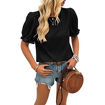 Women's Puff Short Sleeve Tops Causal Work Crew Neck T Shirts Summer Blouses Clothes